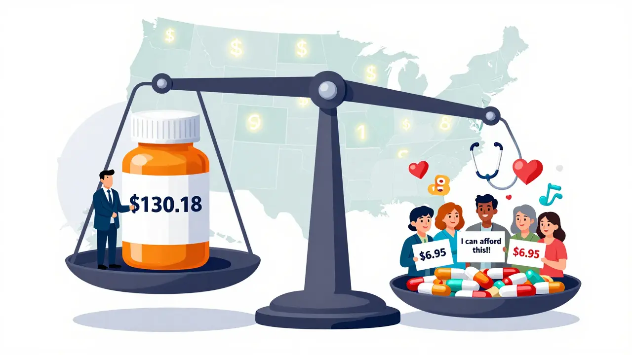 Scale balancing expensive brand drug against affordable generics with smiling patients and savings icons.