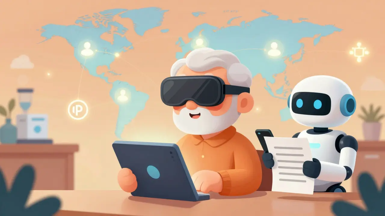 Senior using voice tool for symptom reporting, with inclusive options and tech symbols in background.