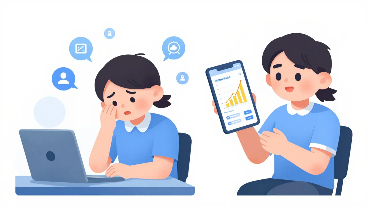 Side-by-side: patient reporting symptoms via app vs. struggling to mention them at a doctor's visit.