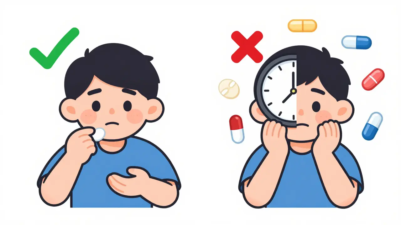 Split illustration showing correct vs. dangerous actions after missing a pill, with icons of high-risk medications.