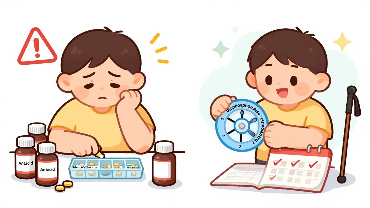 Split image: chaotic pill organizer vs. organized timing wheel for medication schedule.