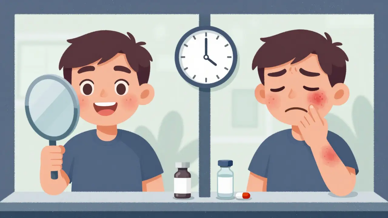 Split image: one side shows clear skin after treatment, the other shows shingles rash, with vaccination and statin pills nearby.