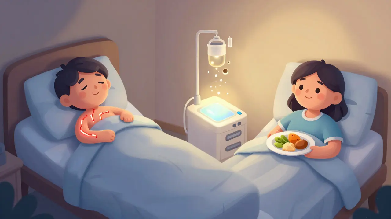 Split image showing a patient before and after dialysis, with toxins fading and light returning.