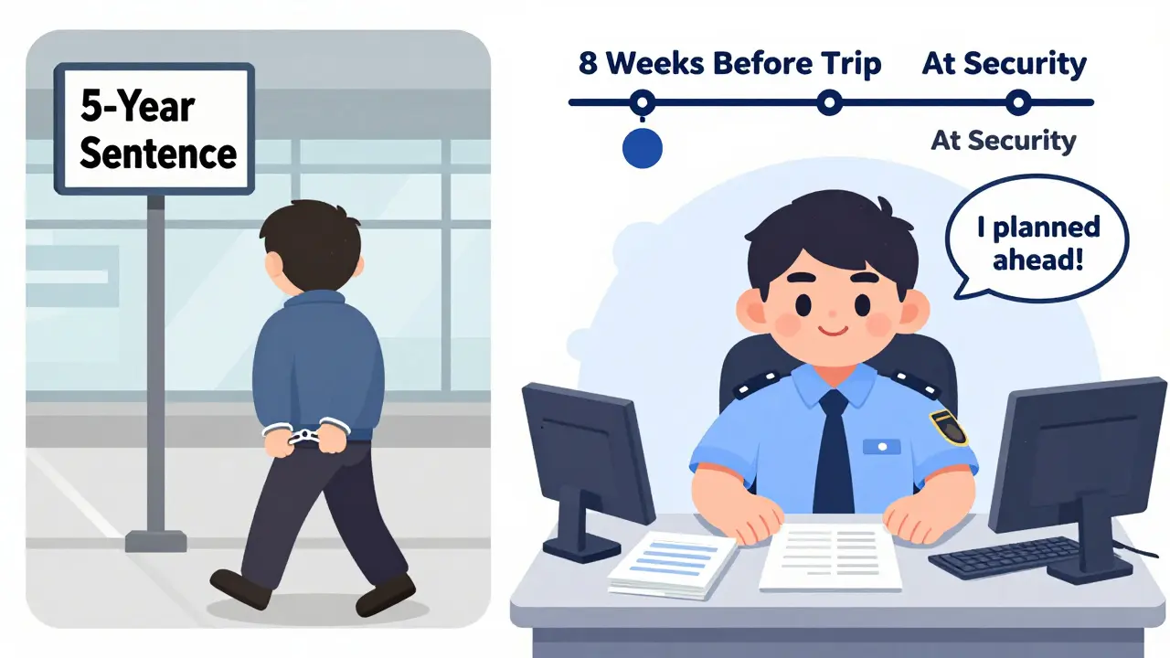 Split scene: one side shows arrest for meds, other shows confident traveler with documents, timeline above.