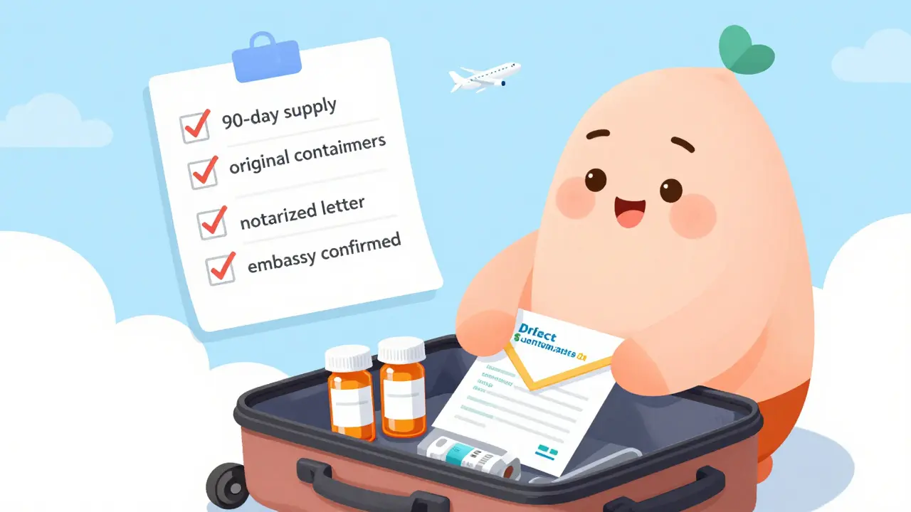 Traveler packing meds in original bottles with doctor’s letter and international certificate, checklist floating above.