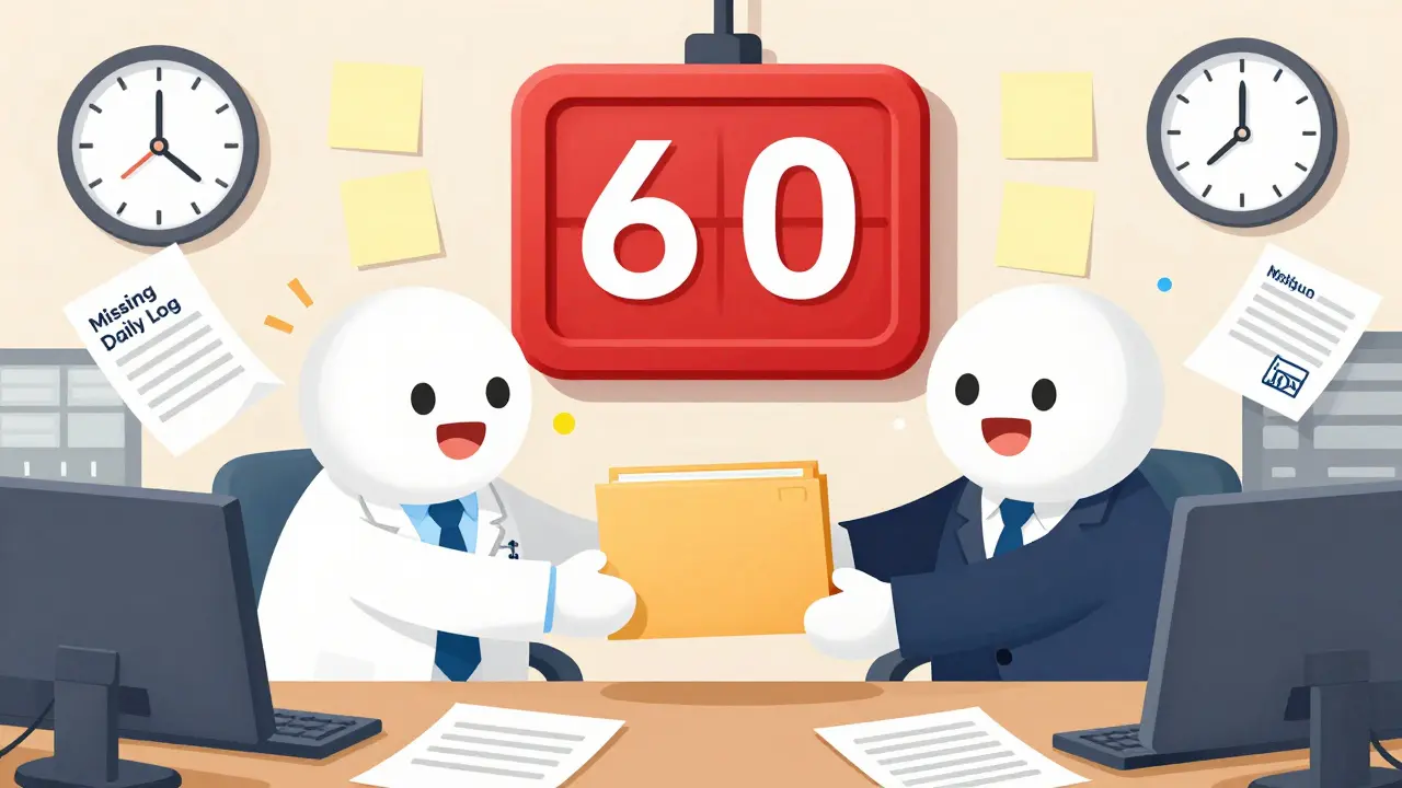 Two teams struggle to pass a folder before a 60-day deadline in a cluttered office.