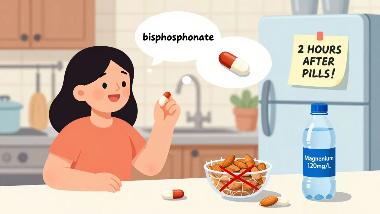 Woman taking magnesium supplement with almonds and mineral water, two hours after her medication.