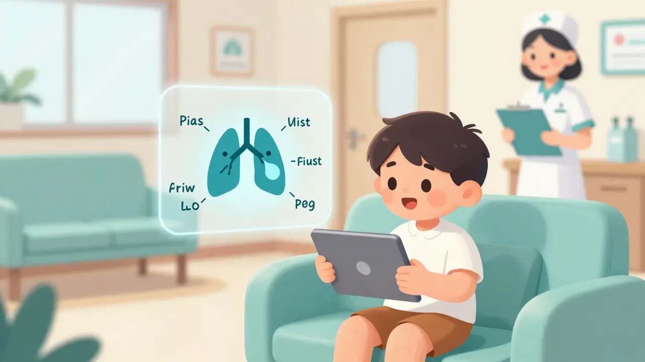 A child explains asthma triggers using Snorkl, with an AI helper highlighting a mislabeled diagram in a clinic waiting room.