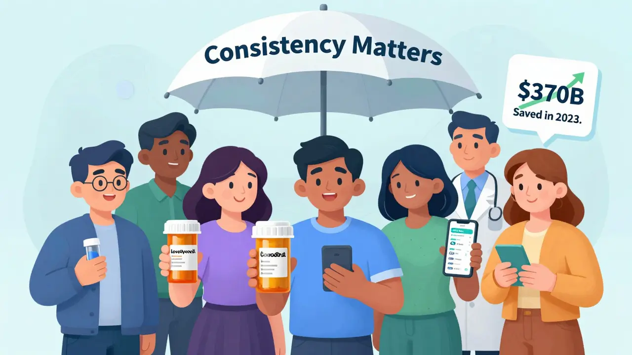 A group of people hold different generic pills under an umbrella labeled 'Consistency Matters,' with a rising savings graph above.