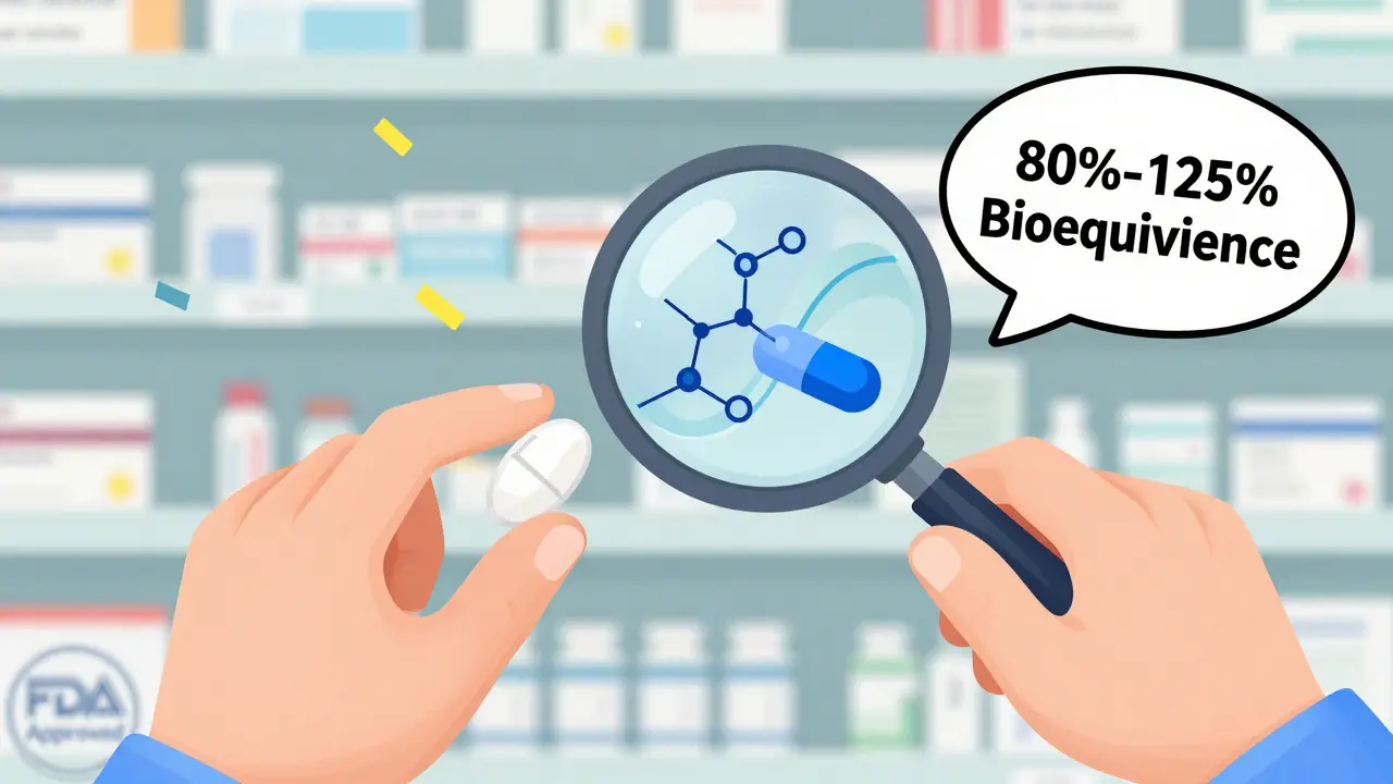 A magnifying glass reveals identical active ingredients inside two differently shaped generic pills.