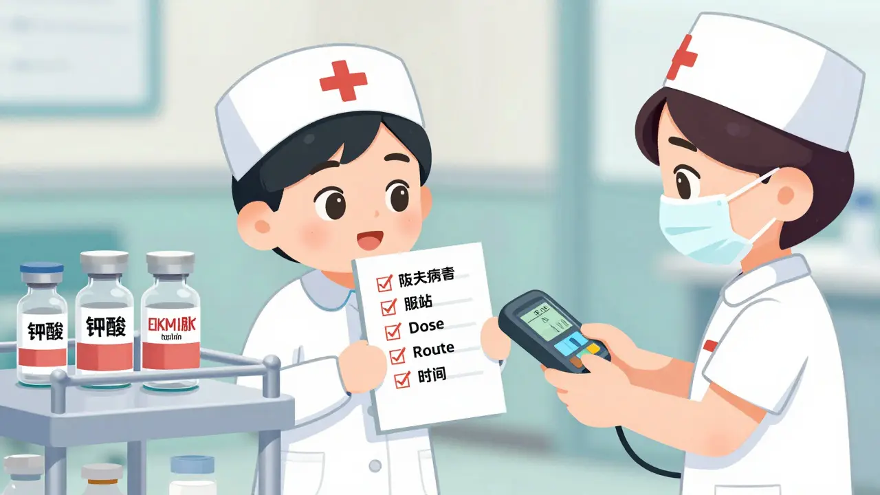 A nurse checking a high-alert medication cart with a checklist and barcode scanner, warning labels visible.