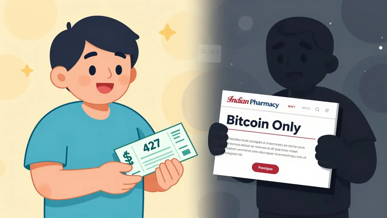 A patient celebrating savings from a state import program, while a shady online pharmacy with Bitcoin request looms in the background.