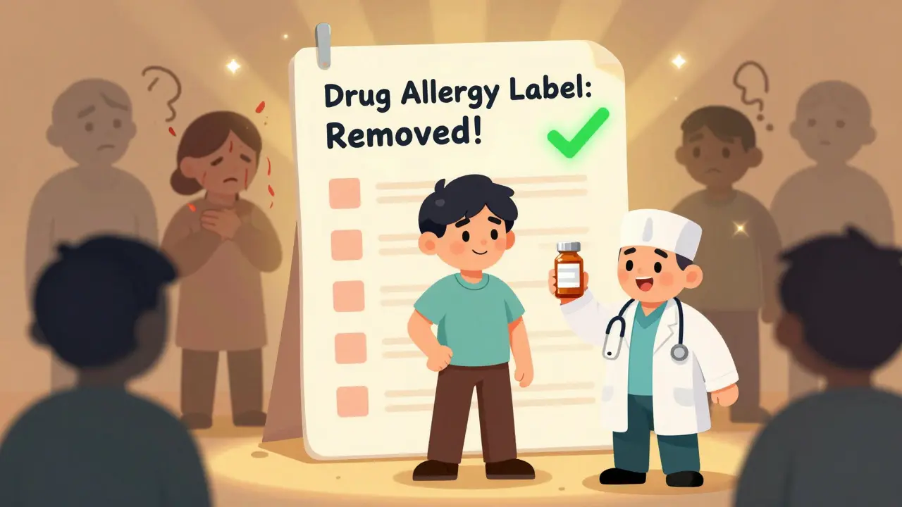 A person standing proudly as their old drug allergy label disappears, with a doctor holding a safe antibiotic.