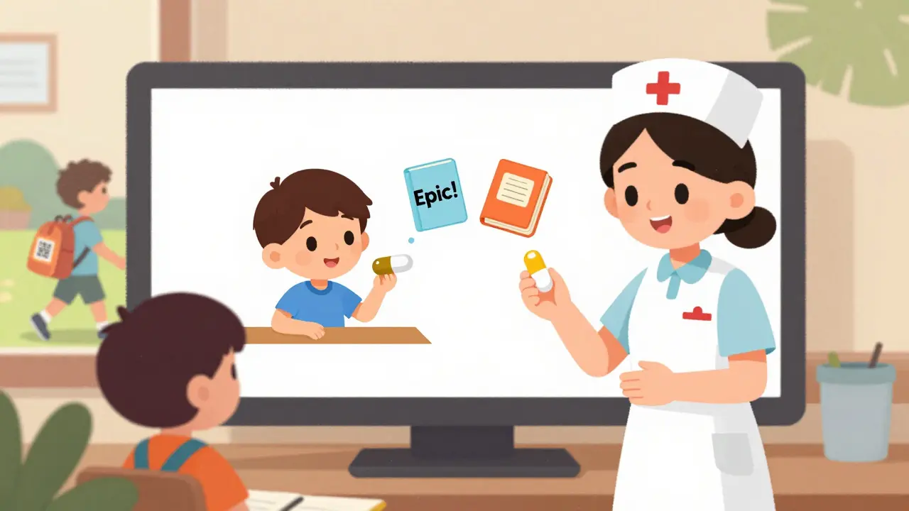 A school nurse creates a personalized video lesson using WeVideo, with Epic! books nearby and a QR code on a child's backpack.
