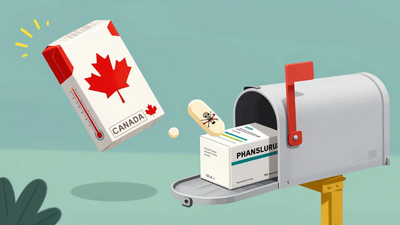 A shipping package with temperature warnings and a counterfeit pill, contrasted with a safe, labeled medication box arriving at a mailbox.