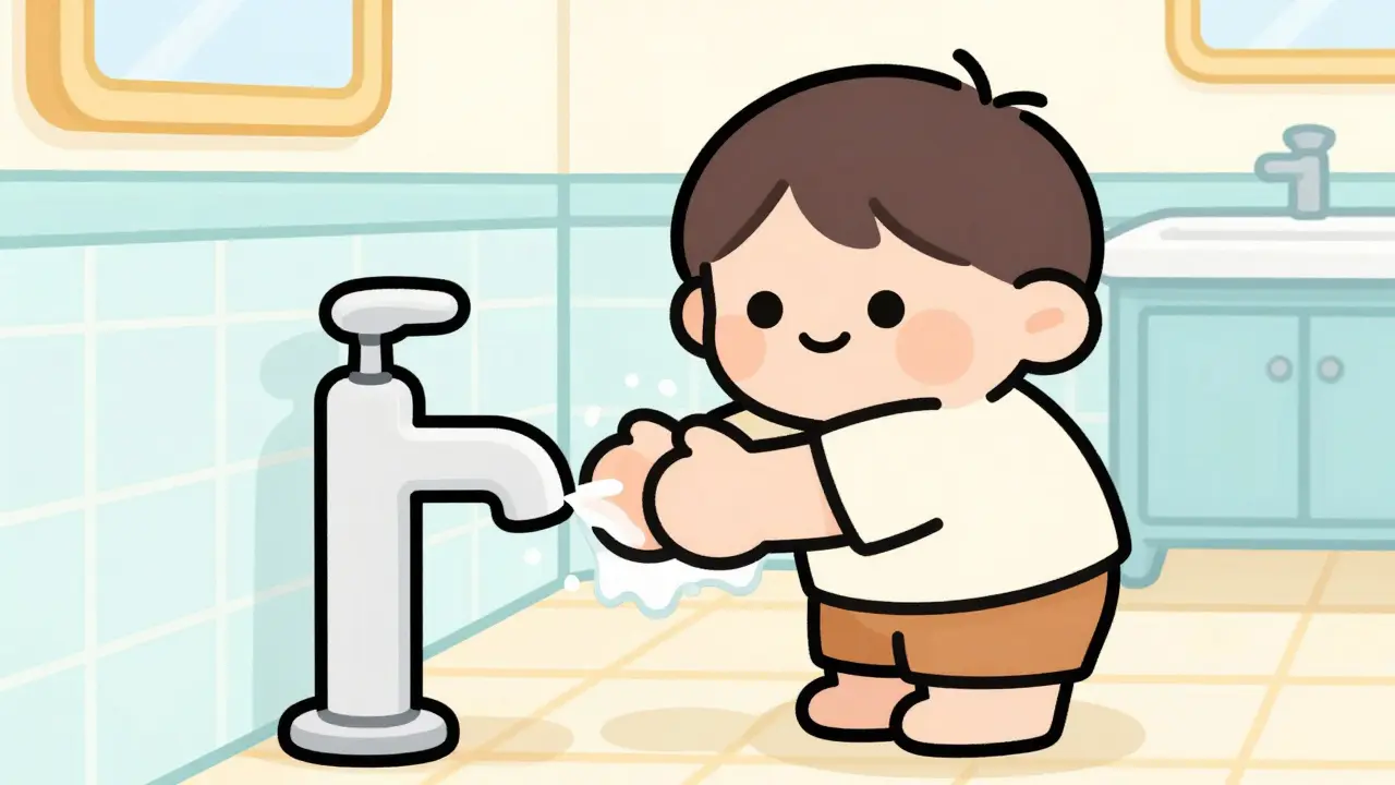 Child using foot pedal faucet to prevent recontamination after washing hands