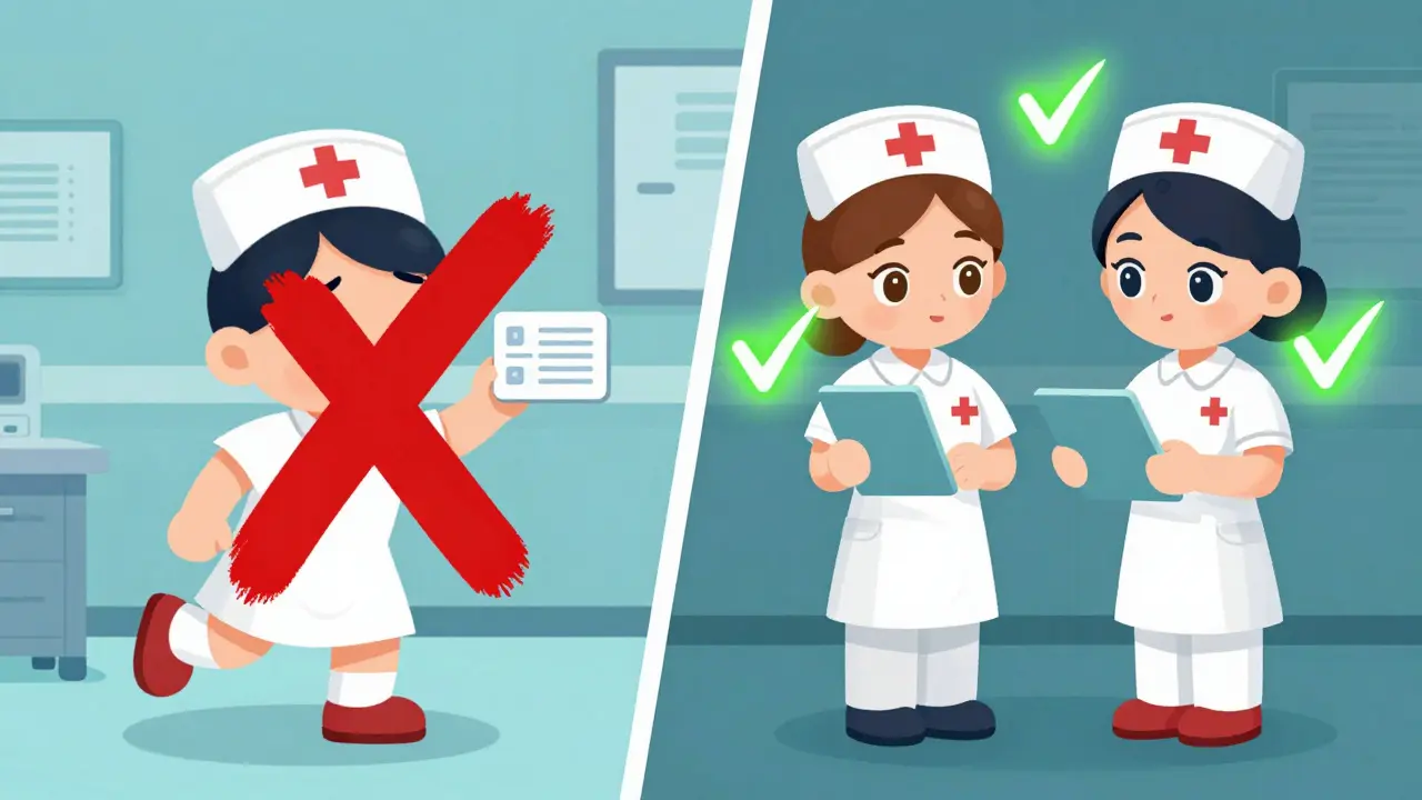 Contrasting scenes: rushed verification with red X versus proper independent double check with green checkmarks.