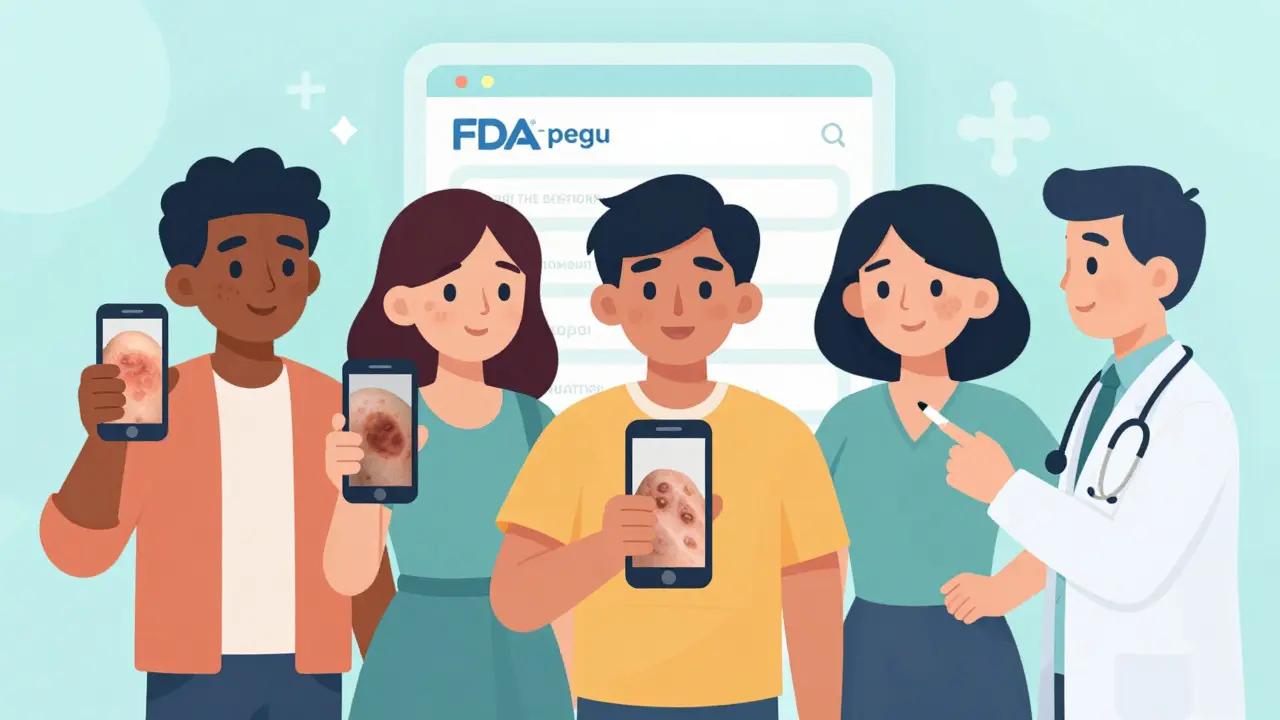 Diverse individuals showing rashes on phones, highlighting psoriasis halo and eczema hyperpigmentation on darker skin.