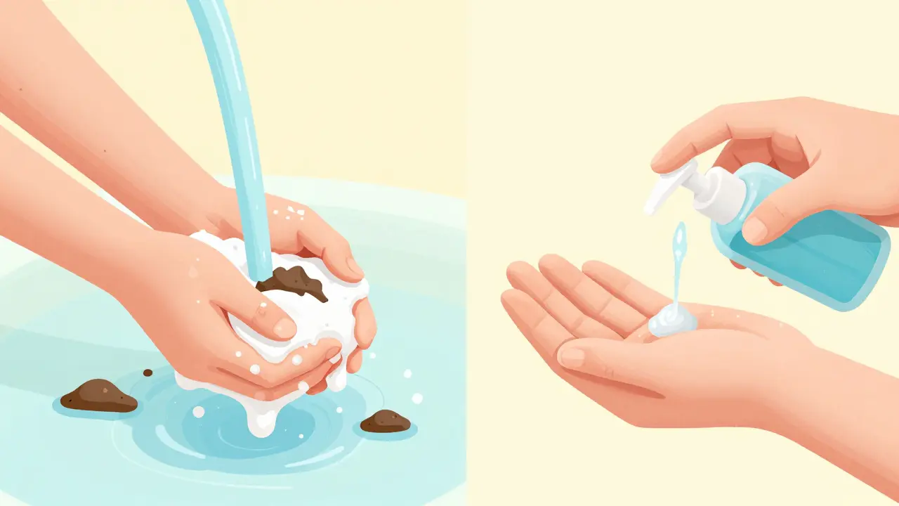 Hands washing with soap after gardening and using sanitizer before eating