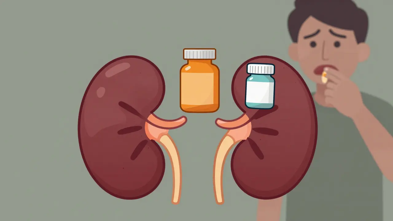 Kidney stressed by three medication bottles