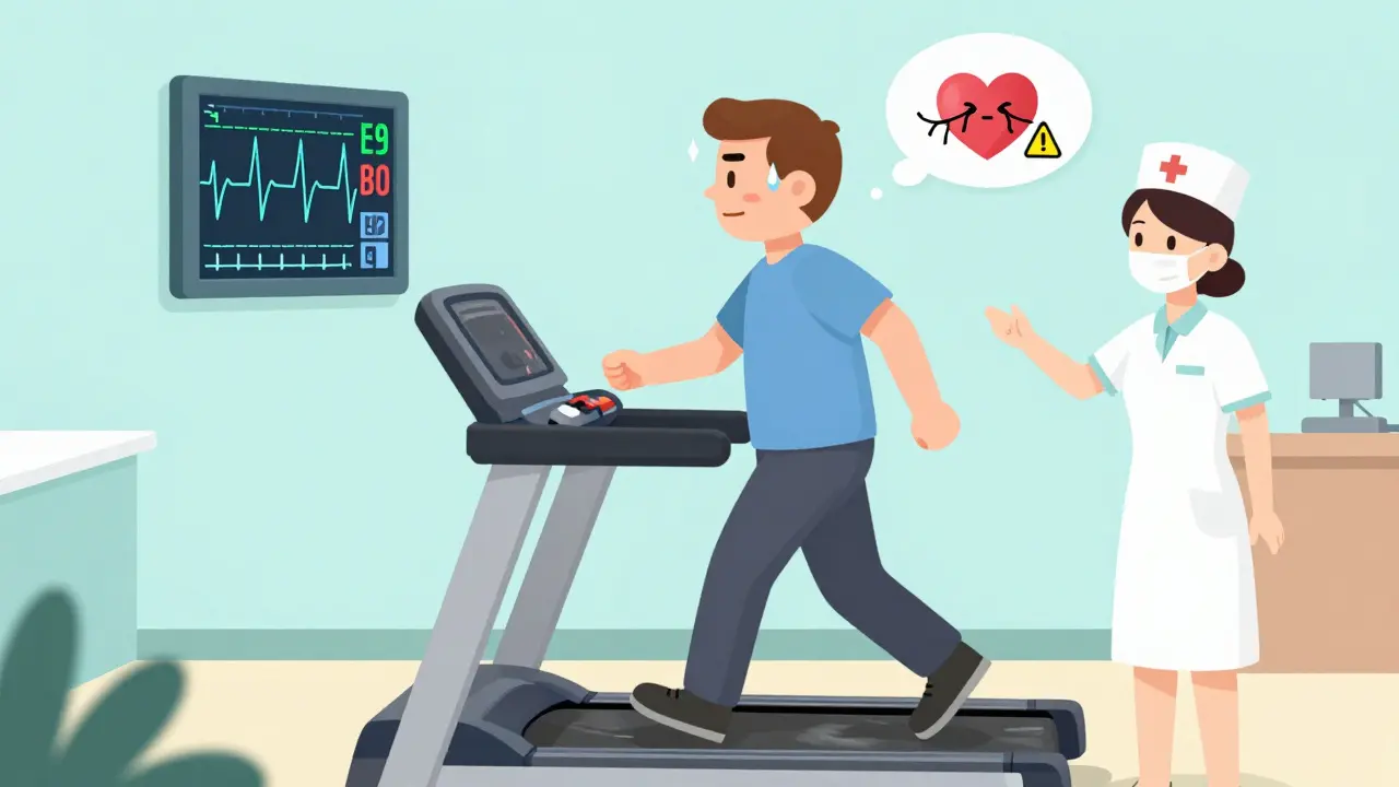 Man exercising on a treadmill while medical staff monitor his heart activity.