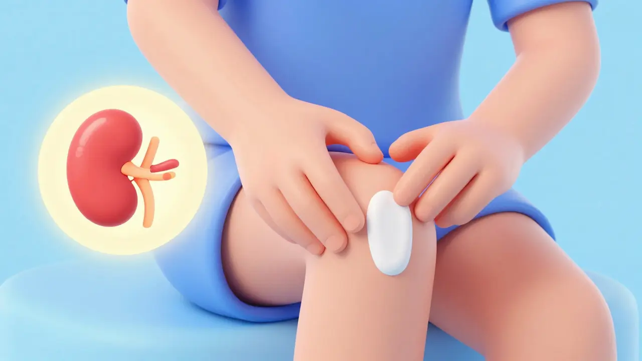 Person applying topical gel, healthy kidney