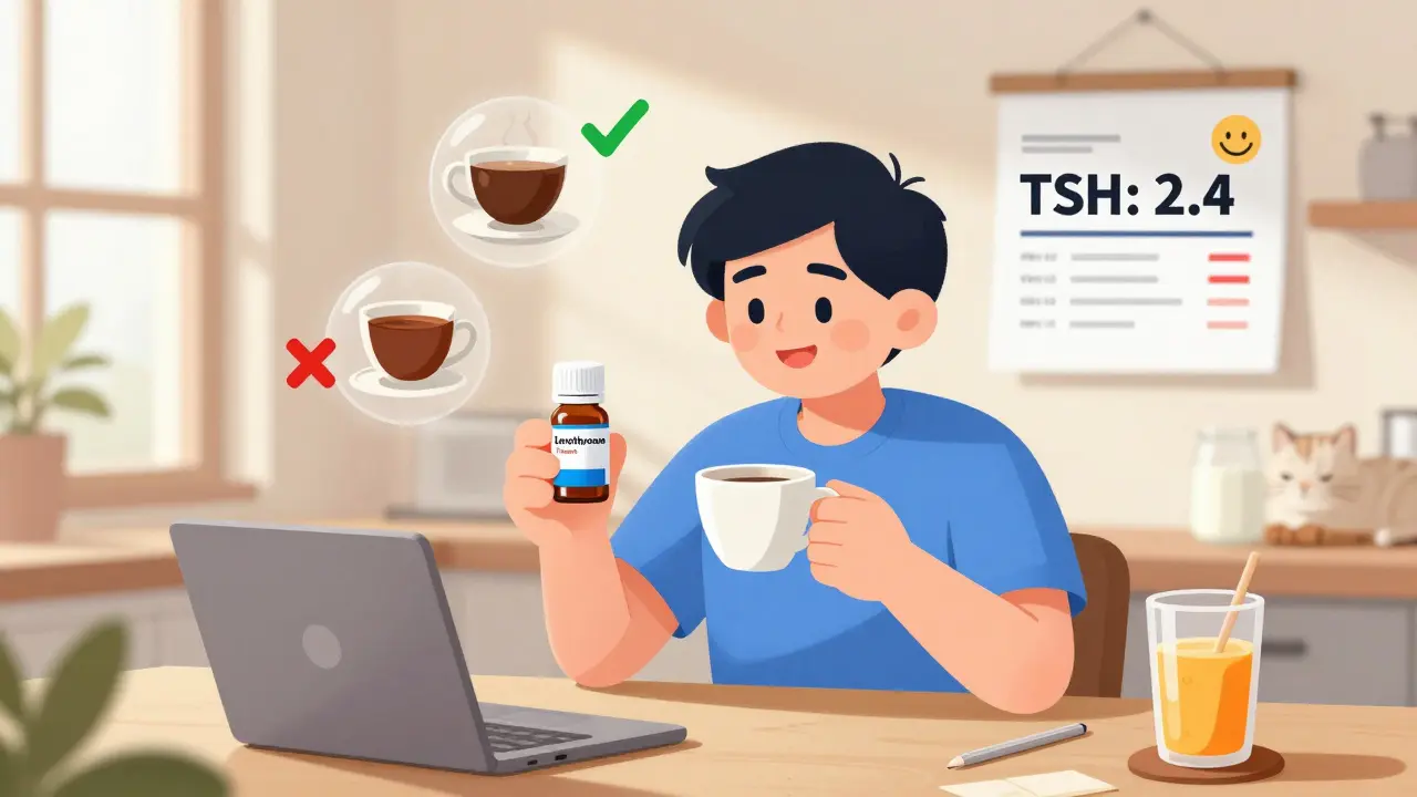 Person enjoying coffee with liquid levothyroxine, no wait needed, TSH levels normal.