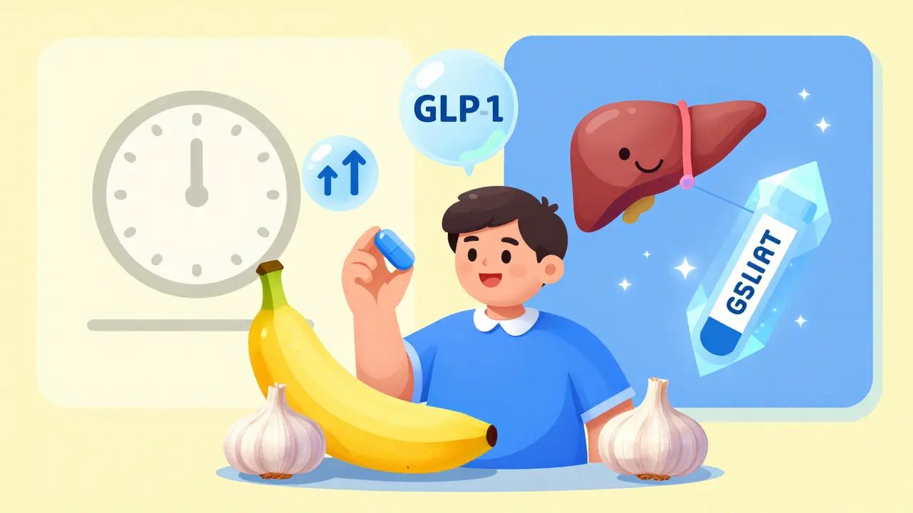 Person taking probiotics with healthy foods, surrounded by icons of metabolic benefits and personalized health testing.