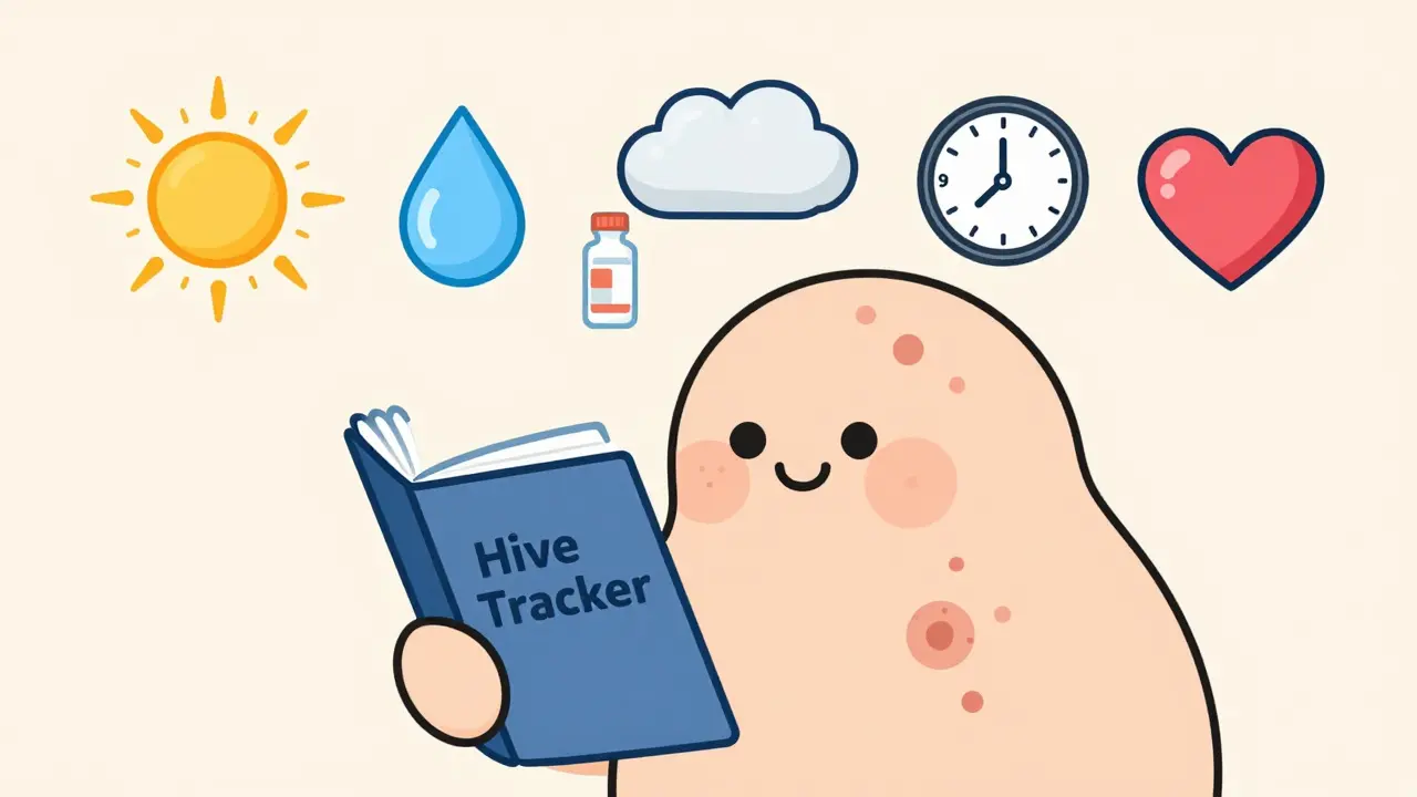 Person tracking hives with icons for heat, cold, stress, and medication in a notebook.