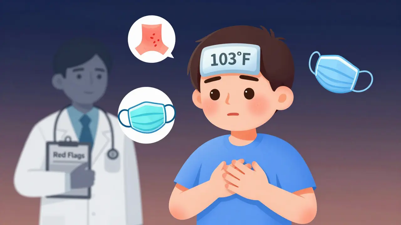 Person with high fever and urgent symptoms like stiff neck and blue lips, doctor in background.