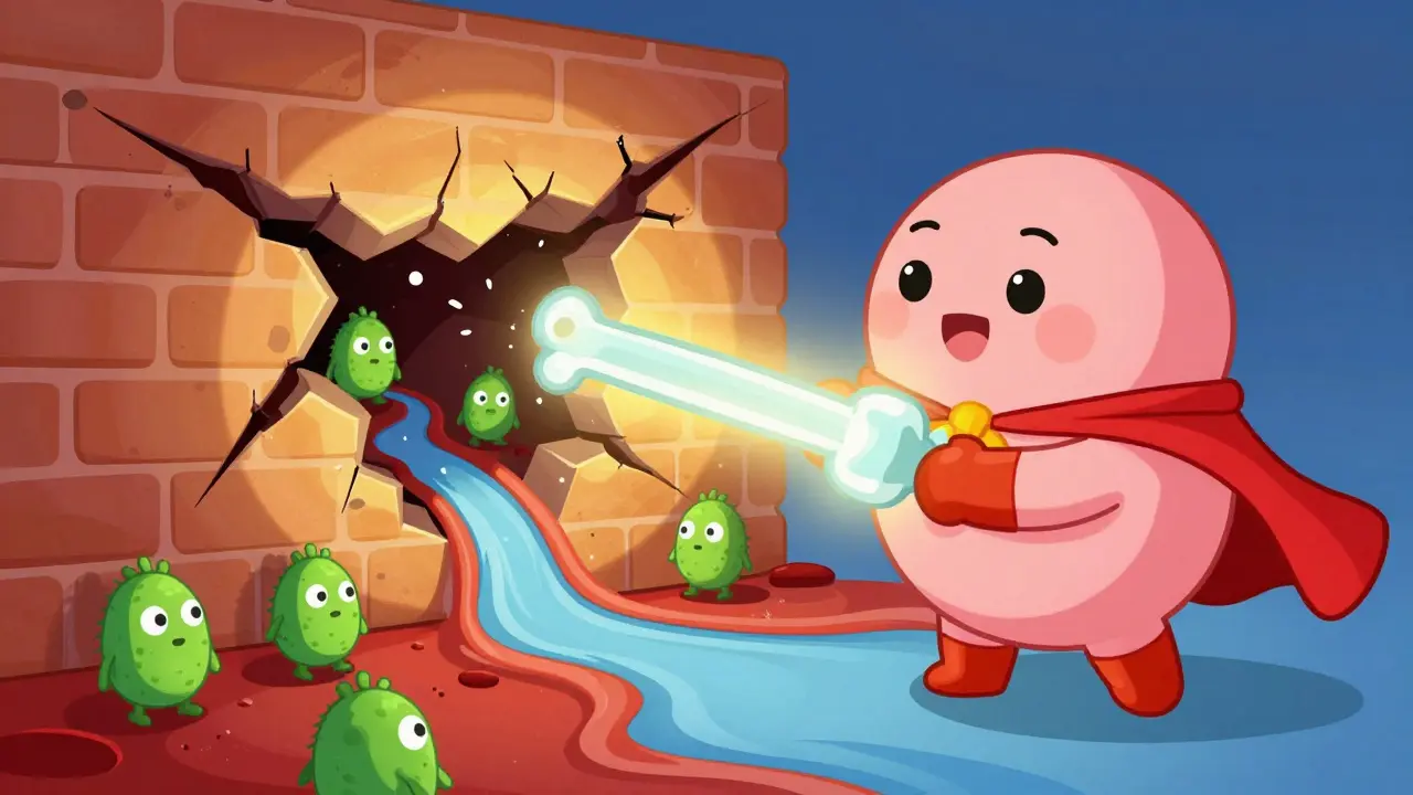 Probiotic heroes sealing a leaky gut wall while blocking harmful LPS invaders in a cartoonish scene.