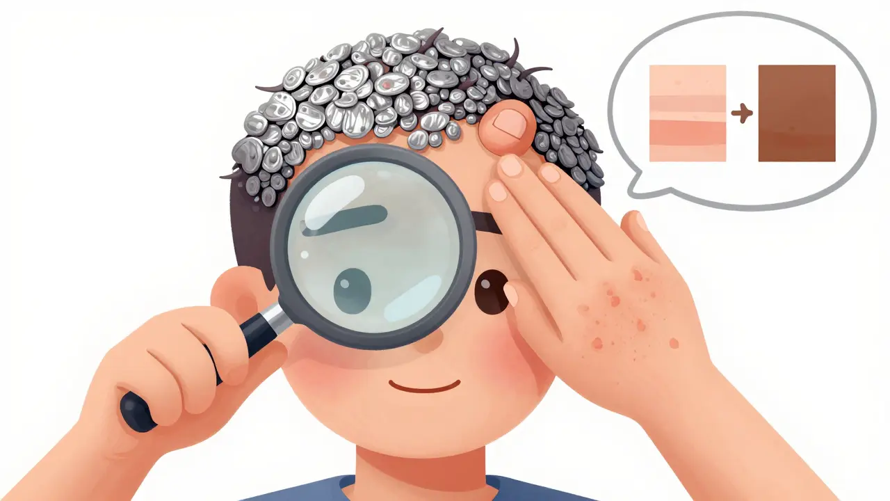 Scalp and nail close-up: psoriasis with silvery scales and pitted nails, eczema with mild flaking on neck and wrist.