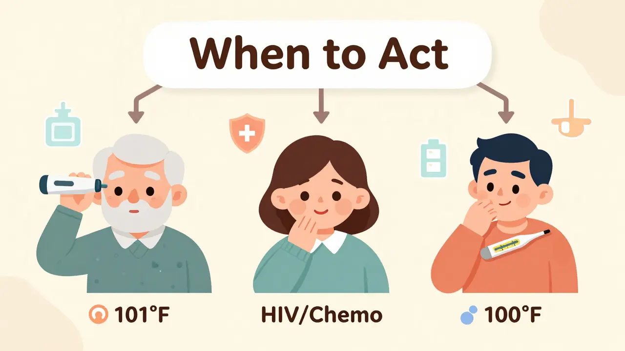 Three adults showing different fever thresholds and risk levels with medical icons above.
