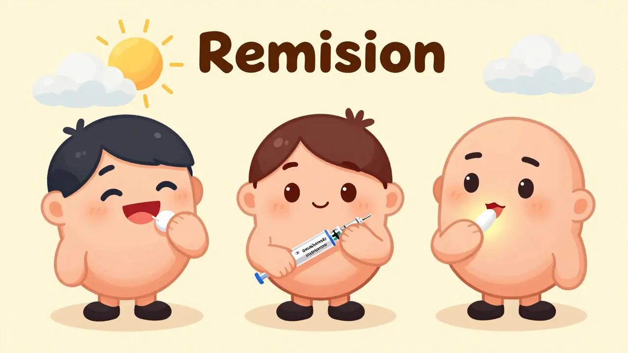 Three treatment paths shown: pill, injection, and oral medication with sun of remission behind.