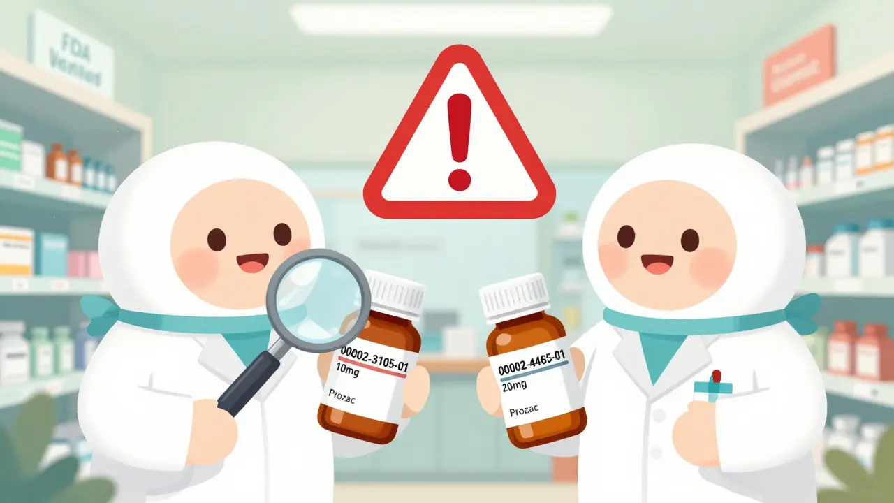 Two pharmacy techs comparing similar-looking bottles with different NDC product codes, a warning sign between them.