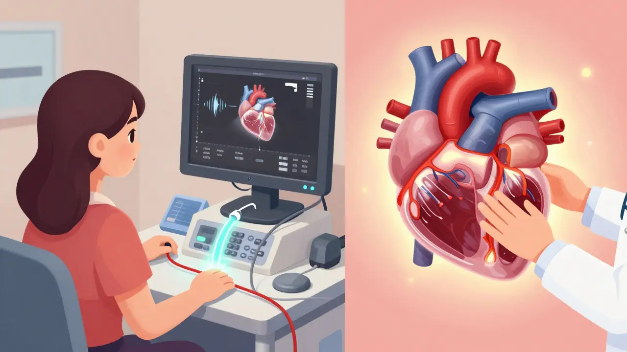 Woman undergoing chemical stress test with ultrasound imaging of heart blood flow.