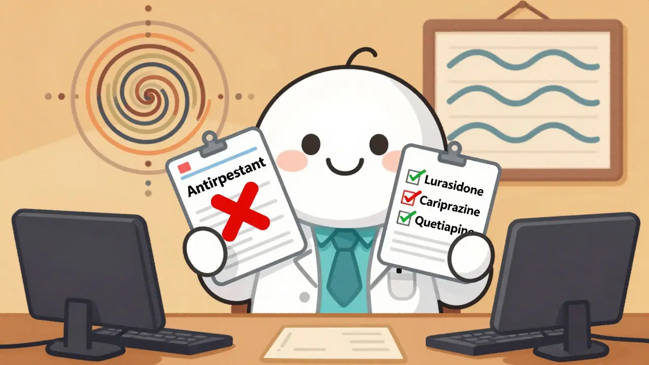 A doctor choosing FDA-approved bipolar treatments over antidepressants, with chaotic mood cycles vs. balanced waves behind them.