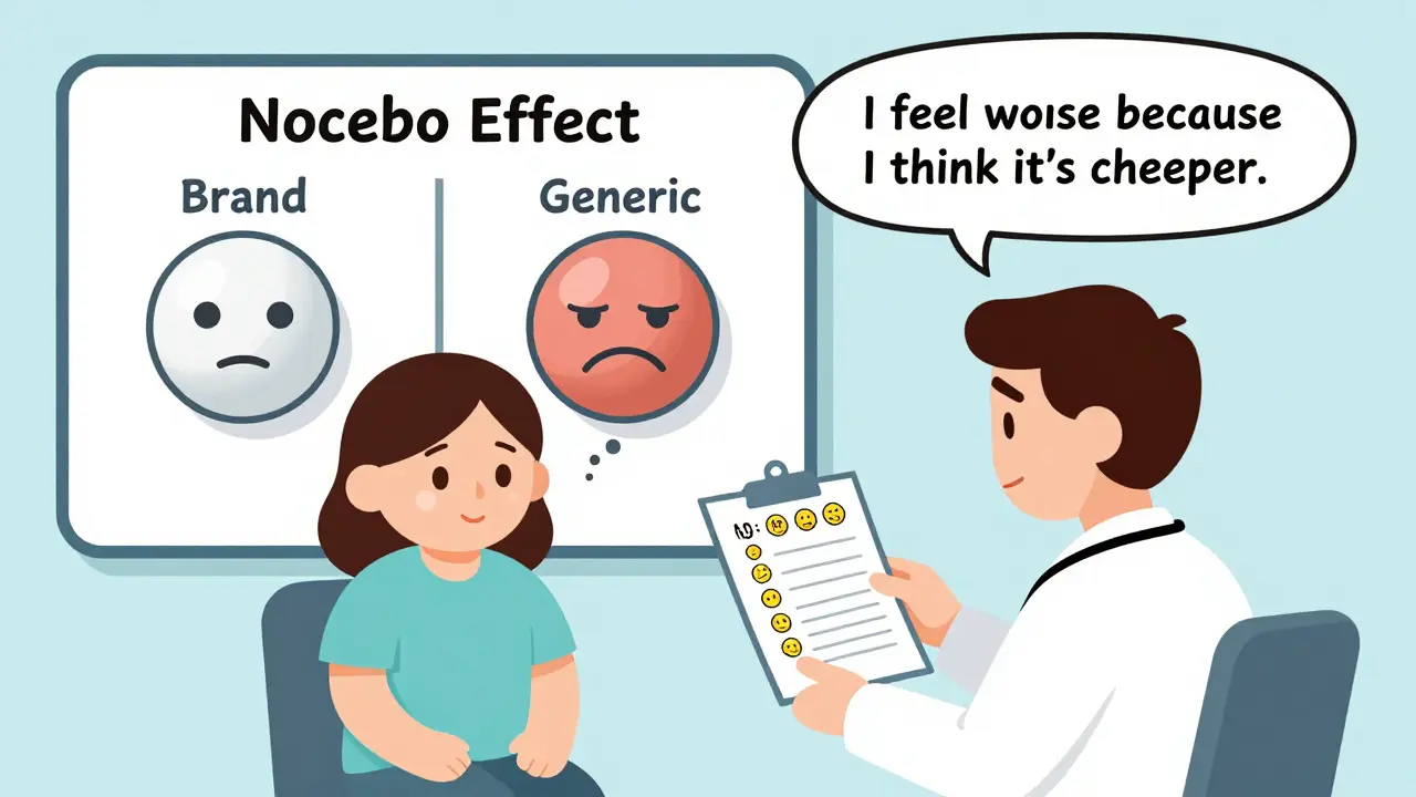 A patient and doctor review a symptom log, while a chart illustrates how believing a pill is generic can cause negative side effects.