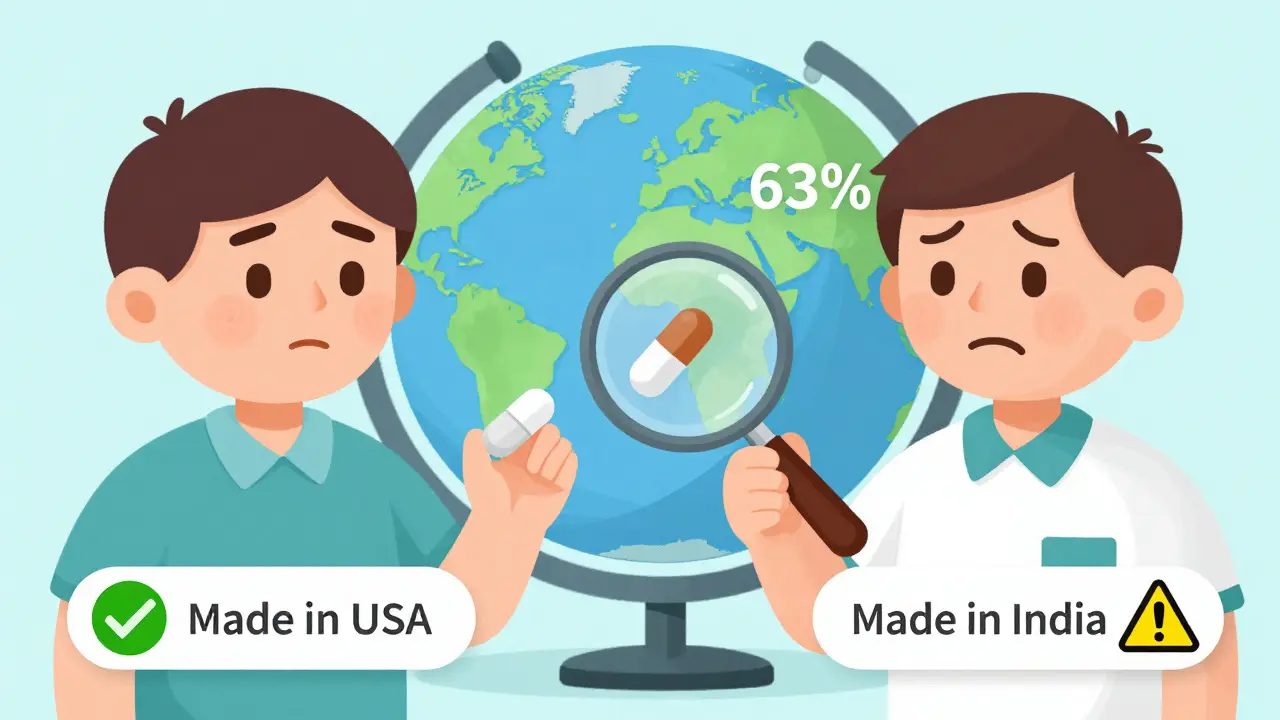 A patient holds two generics—one made in the USA and one overseas—with a globe showing global manufacturing sites and warning icons.
