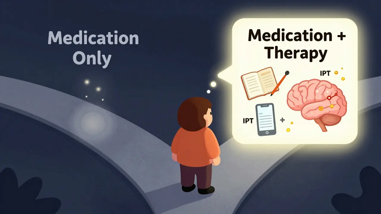 A person at a crossroads choosing between single treatment and combined therapy, with brighter path symbolizing better outcomes.