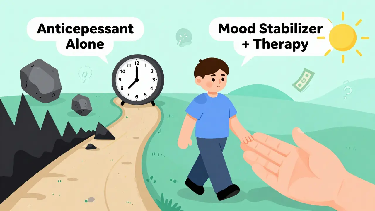 A person choosing a safe treatment path over a dangerous one, with symbols of mood instability and time pressure on the risky side.