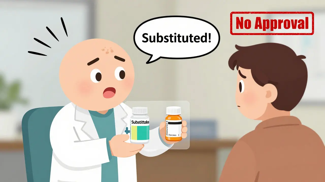 A pharmacist hands a patient a different medication, with the original prescription visible beside it in a transparent overlay.