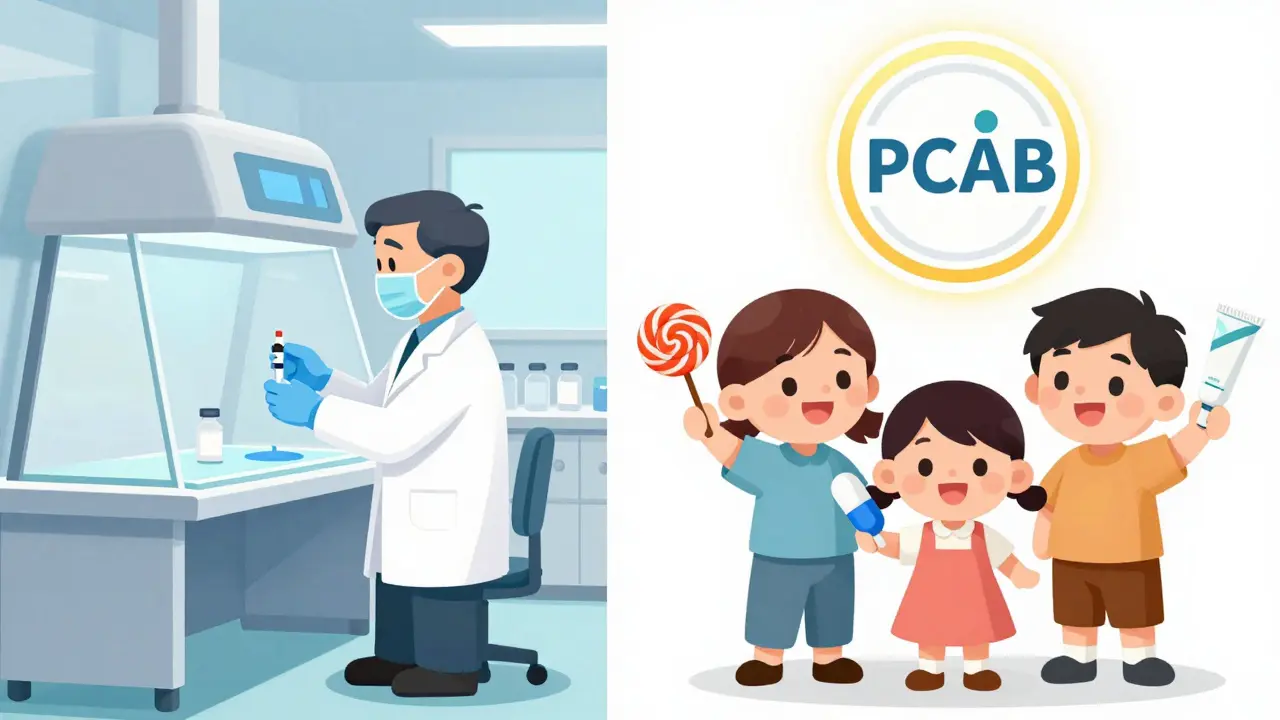 A pharmacist prepares a sterile compound next to a family holding customized medications with a PCAB accreditation badge.