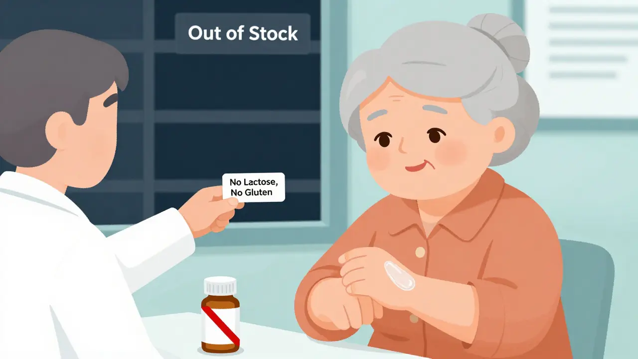 An elderly woman applies a custom allergen-free topical gel while an empty pharmacy shelf shows a drug shortage.