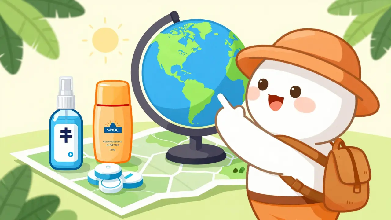 Cartoon traveler preparing health supplies for trip