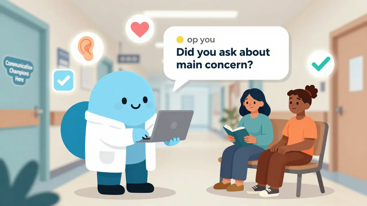 Clinician sees EHR prompt to ask patient about main concern, patient speaks calmly.