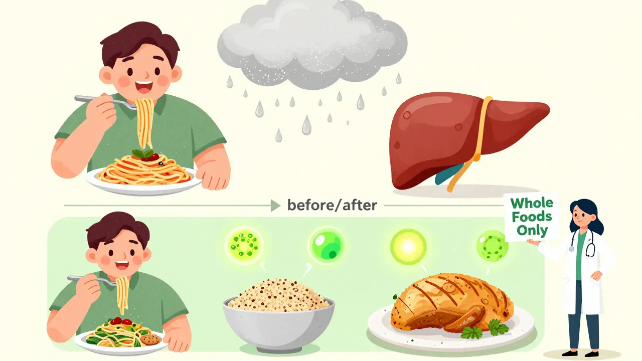 Contrasting scenes of a person eating processed gluten-free foods versus whole foods, showing impact on liver health.