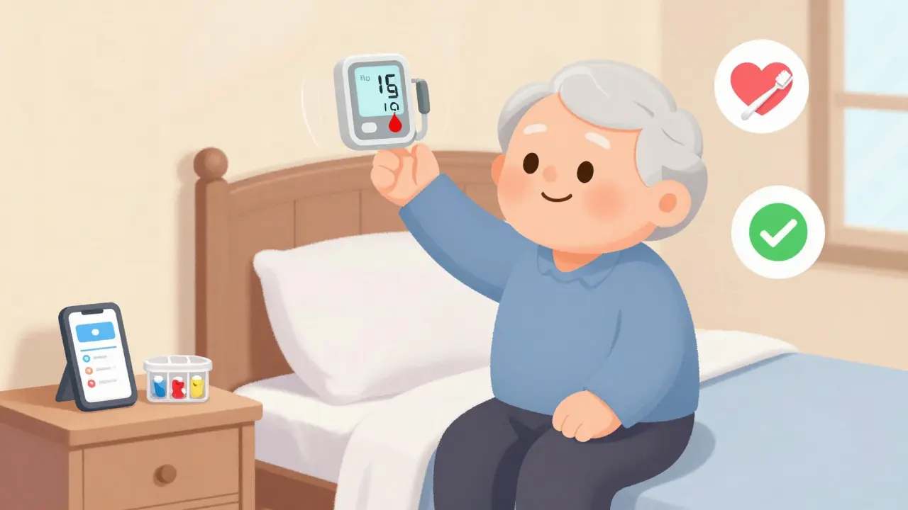 Elderly person carefully standing up with pill organizer and phone reminder nearby, symbolizing adherence.