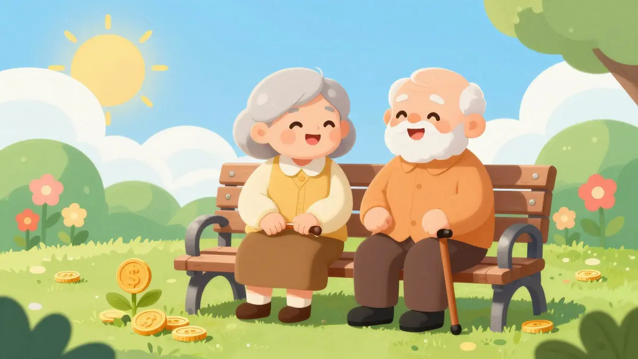 Happy senior couple relaxing on a park bench