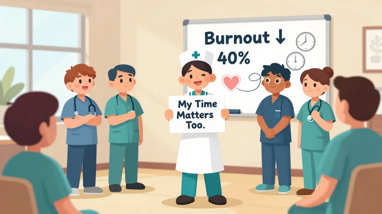 Healthcare team practicing boundary-setting with patient actor during training session.